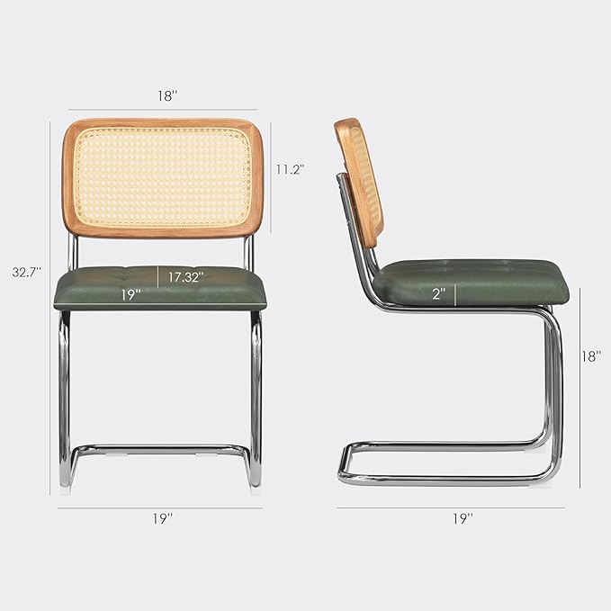 Farini Kitchen Dining Chairs Set of 2,Mid-Century Modern Chair Armless Mesh Backrest Cane Rattan Chairs for Home Dining Room(Blackish Green,PU Leather) - LeafyLoom