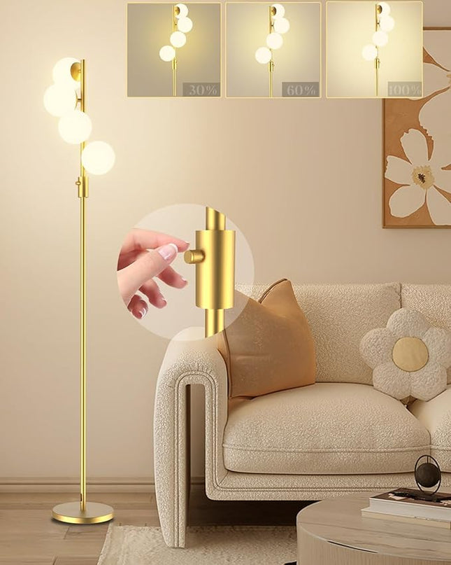 Lightdot 64IN Dimmable (Brightness Adjustable) Globe Floor Lamp, Gold Standing Lamps with 4PCS 3000K G9 Bulbs Soft Warm White Eye Care, Mid Century Modern Floor Lamp for Living Room - LeafyLoom