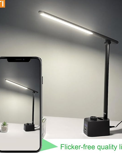 LED Office Desk Lamp, 630 Lumens Bright Table Lamp with Clock Display.A+C USB Fast Charging Charging Port, Desk Light for Office, Industrial Painting, Crafts (with Adapter) - LeafyLoom