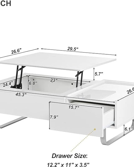 Lift Top Coffee Table, 45 Inch Contemporary Center Table with Drawer and Metal Frame Legs, High-Gloss Surface Coffee Tables for Living Room, White - LeafyLoom