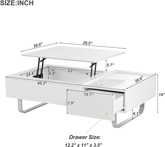 Lift Top Coffee Table, 45 Inch Contemporary Center Table with Drawer and Metal Frame Legs, High-Gloss Surface Coffee Tables for Living Room, White - LeafyLoom