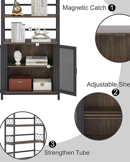 Farmhouse Bookshelf with Storage, Industrial Tall Book Shellf with Doors, Rustic Wood Bookcase with Cabinet for Home Office, Living Room, Bedroom (Walnut Brown) - LeafyLoom
