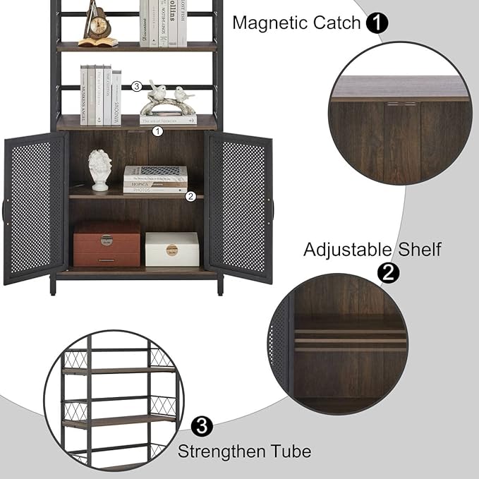 Farmhouse Bookshelf with Storage, Industrial Tall Book Shellf with Doors, Rustic Wood Bookcase with Cabinet for Home Office, Living Room, Bedroom (Walnut Brown) - LeafyLoom