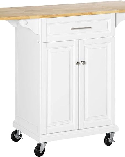 HOMCOM Kitchen Island with Drop Leaf Trolley Cart on Wheels Drawer Cabinet Towel Racks Versatile Use Natural Wood Top and White - LeafyLoom