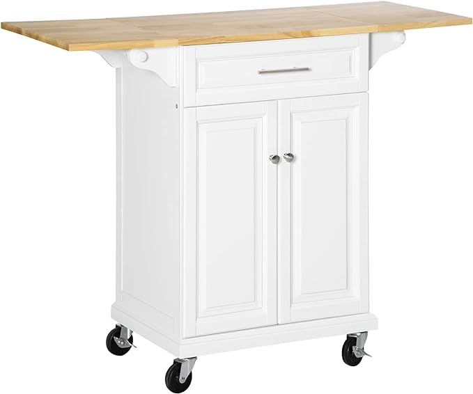 HOMCOM Kitchen Island with Drop Leaf Trolley Cart on Wheels Drawer Cabinet Towel Racks Versatile Use Natural Wood Top and White - LeafyLoom