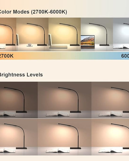 KEXIN LED Desk Lamp Touch Control Desk Lamp with USB Charging Port 5 Color Modes 6 Brightness Levels Dimmable Eye-caring Office Lamp with Memory Function 1h Timer Adjustable Gooseneck Table Lamp Black - LeafyLoom