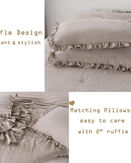 Taupe Ruffled Comforter Set for Queen Bed,3 Pieces Vintage Farmhouse Shabby Bedding Set Lightweight Ultra Soft French Country Bedding (1 Farmhouse Comforter +2 Pillowcases) - LeafyLoom