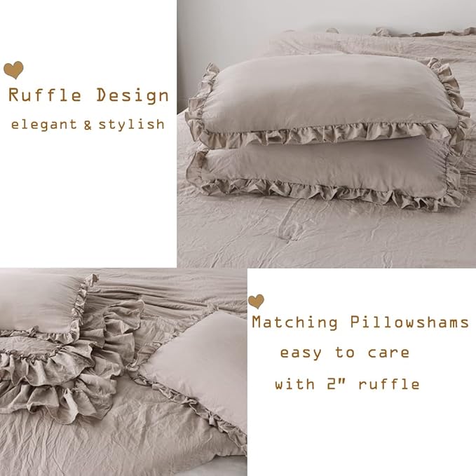 Shabby Ruffled King Comforter Set,Farmhouse Taupe Bedding Comforter Lightweight Ultra Soft Vintage Rustic Microfiber Bedding 3pc (1 Ruffle Comforter and 2 Pillowcases) - LeafyLoom