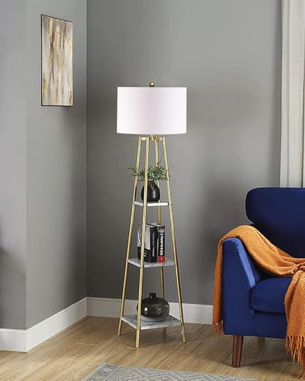 Floor Lamp, Standing Reading Light with Shelves and Gold Shade, Modern Tall Pole Lamp, Accent Furniture Décor Lighting for Living Room, Bedrooms (Gold, White Shade) - LeafyLoom
