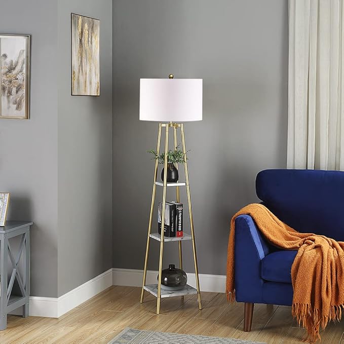 Floor Lamp, Standing Reading Light with Shelves and Gold Shade, Modern Tall Pole Lamp, Accent Furniture Décor Lighting for Living Room, Bedrooms (Gold, White Shade) - LeafyLoom