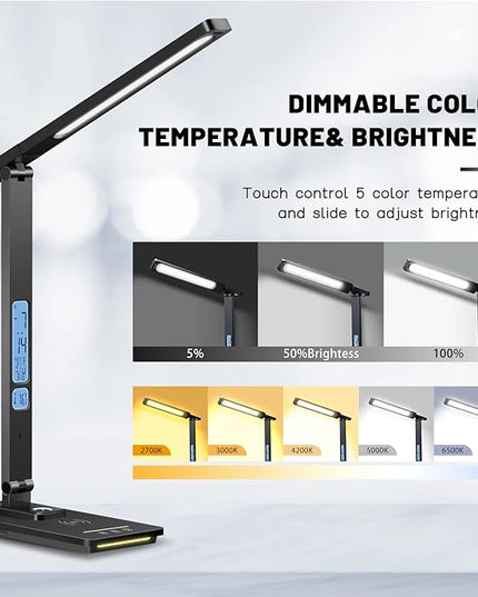 Led Desk Lamp with Wireless Charger, Desk Lamps for Home Office with Clock, Alarm, Date, Temperature | Desk Light with Night Light, 45 Min Auto Timer | Touch Control Smart Lamp for College, Dorm - LeafyLoom