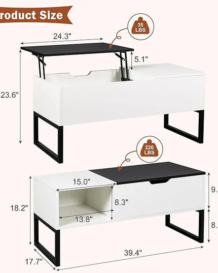 White Coffee Table with Black Lift Top - Modern Industrial Coffee Table with Lifting Top and Hide Compartment Storage - 40 Inch Rectangle Lift Coffee Tables for Living Room - LeafyLoom
