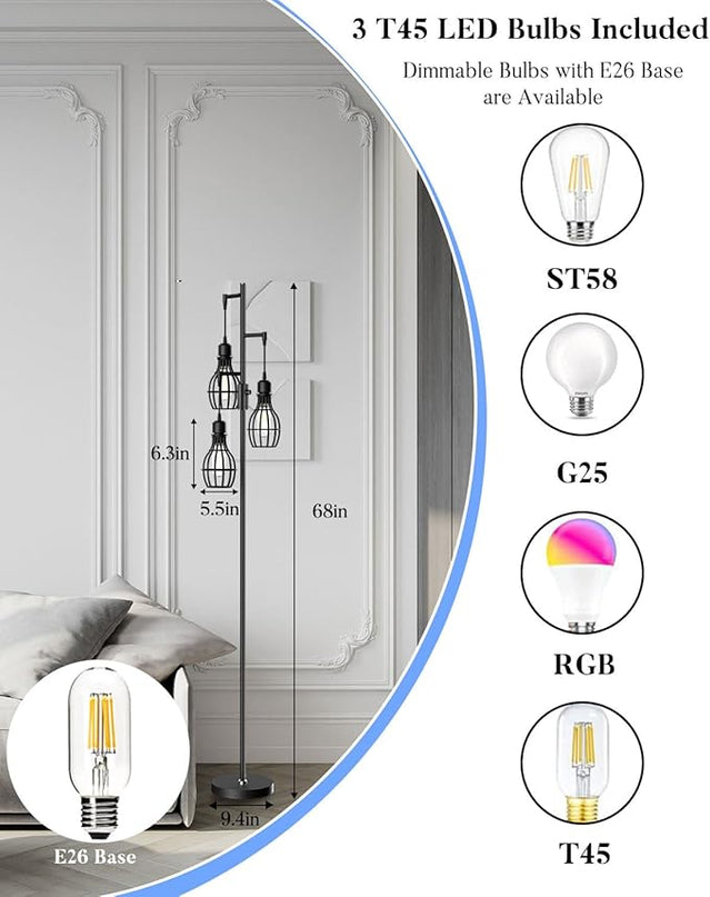 Lightdot 68IN Industrial Floor Lamp Dimmable (Brightness Adjustable), Farmhouse Tree Floor Lamp with E26 LED Edision Bulbs Included, 3-Light Tall Pole Standing Lamp for Living Room Bedroom-Black - LeafyLoom