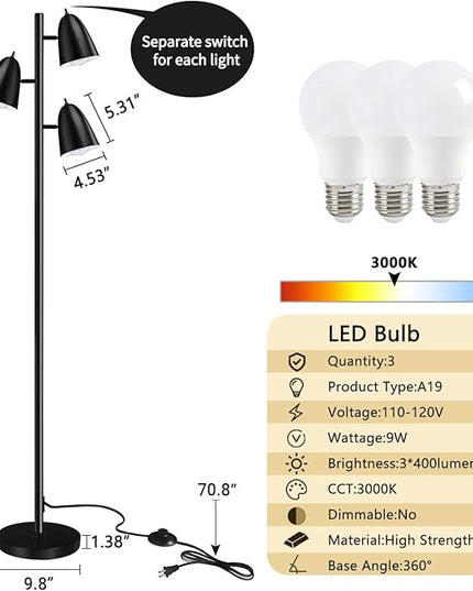 Qimh Tree Floor Lamp with 3 Light Bulbs, Standing Tall Pole Lamps for Living Room Bedroom Office, Reading Stand up Lamps with 3 Adjustable Arms, Black - LeafyLoom