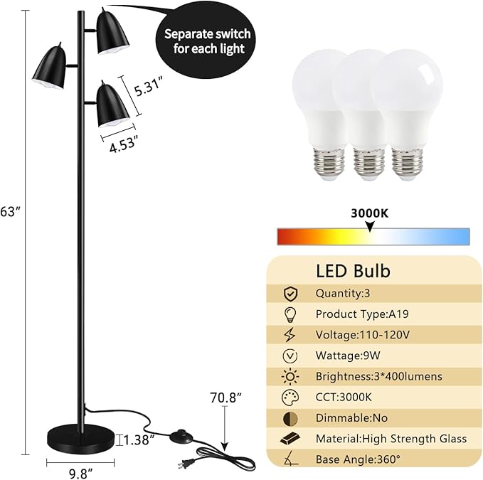 Qimh Tree Floor Lamp with 3 Light Bulbs, Standing Tall Pole Lamps for Living Room Bedroom Office, Reading Stand up Lamps with 3 Adjustable Arms, Black - LeafyLoom