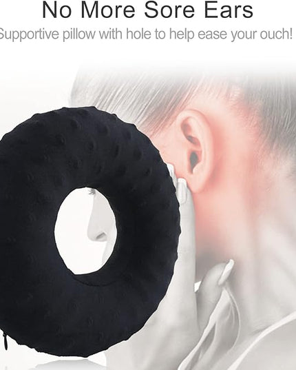 Piercing Pillow Ear Pillows Donut with Hole for Ear Pain CNH, Pain Relief Sleeping, Pressure Sore, Side Sleepers, Headphones Minky Dot Black - LeafyLoom