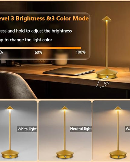Portable LED Table Lamp with Touch Sensor, 3-Levels Brightness Metal Desk Lamp, 3 Color Touch Control Rechargeable Lamp, Night Light, Bedside Lamp,Dining Room Lamp (Gold) - LeafyLoom