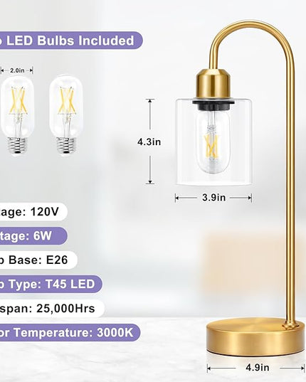 Innqoo Gold Industrial Touch Table Lamps for Bedrooms Set of 2-3-Way Dimmable Nightstand Lamps with USB C+A Ports and Outlet, Gold Bedside Lamps with Glass Shade, Desk Lamps for Home Office - LeafyLoom