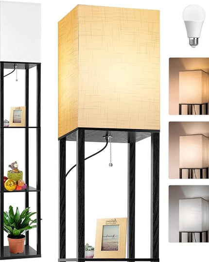 Dott Arts Floor Lamp with Shelves, Floor Lamps for Living Room Decor Display Shelf Lamps with 3 Color LED Bulb, Modern Floor Lamp for Bedroom Standing Lamp for Living Room Office,Home Decor（Black） - LeafyLoom