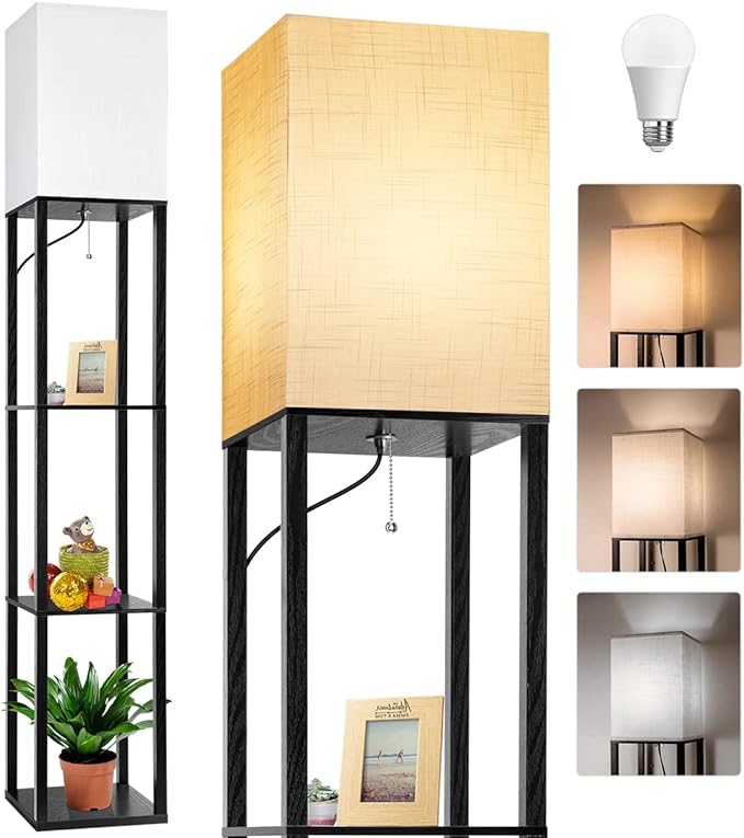 Dott Arts Floor Lamp with Shelves, Floor Lamps for Living Room Decor Display Shelf Lamps with 3 Color LED Bulb, Modern Floor Lamp for Bedroom Standing Lamp for Living Room Office,Home Decor（Black） - LeafyLoom