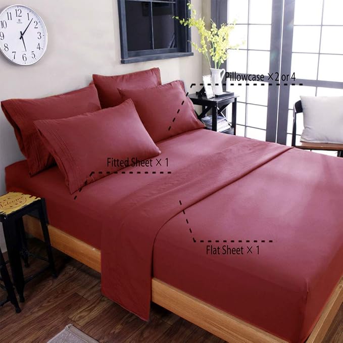 SONORO KATE Bed Sheet Set Super Soft Microfiber 1800 Thread Count Luxury Egyptian Sheets 18-Inch Deep Pocket，Wrinkle and Hypoallergenic-6 Piece (Burgundy, Twin XL-6 Piece) - LeafyLoom