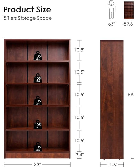 Farini Cherry Bookshelf 5 Shelf Office Bookcase 60 Inches Tall Modern Wood Bookshelf for Living Room Office - LeafyLoom