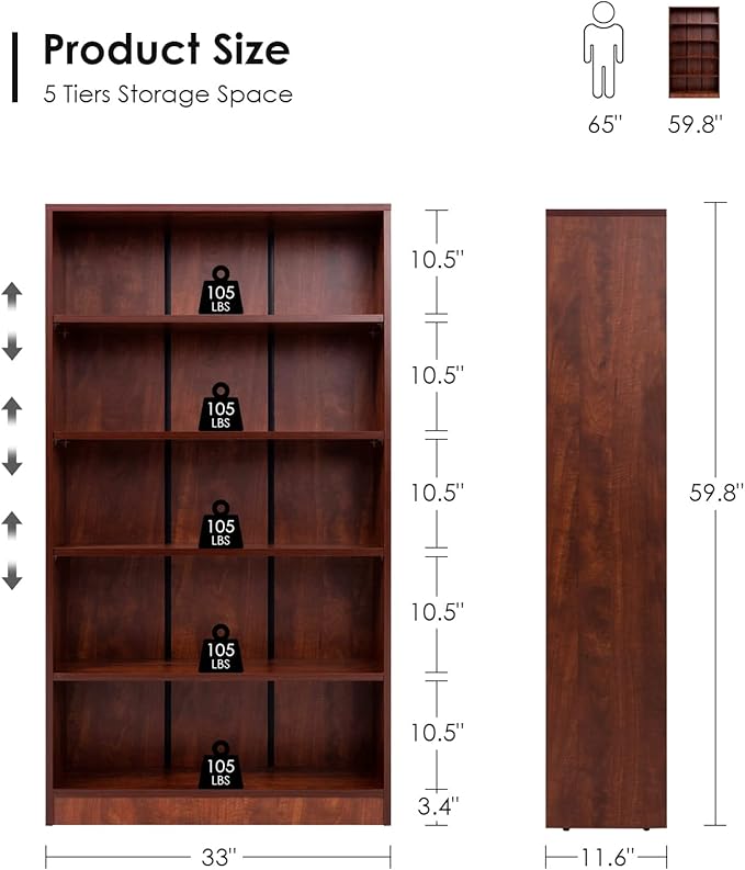 Farini Cherry Bookshelf 5 Shelf Office Bookcase 60 Inches Tall Modern Wood Bookshelf for Living Room Office - LeafyLoom