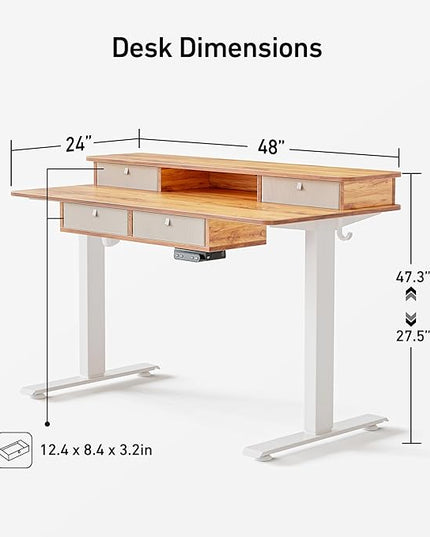 FEZIBO Sturdy Height Adjustable Electric Standing Desk with Drawers, 48 x 24 Inch Stand Up Table with Large Storage Shelf, Sit Stand Desk, Light Rustic Brown Top - LeafyLoom