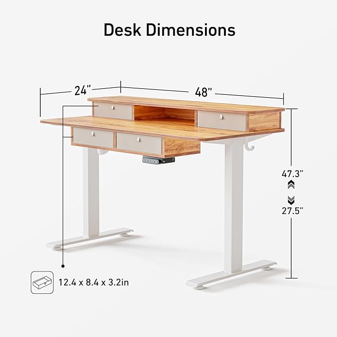 FEZIBO Sturdy Height Adjustable Electric Standing Desk with Drawers, 48 x 24 Inch Stand Up Table with Large Storage Shelf, Sit Stand Desk, Light Rustic Brown Top - LeafyLoom