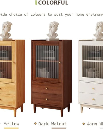 Wooden Glass Door Bookcase - 2-Tier Cube Bookshelf Storage Cabinet with Double Drawer and Adjustable Shelf, Solid Wood Legs Cupboard in Pear Yellow - LeafyLoom
