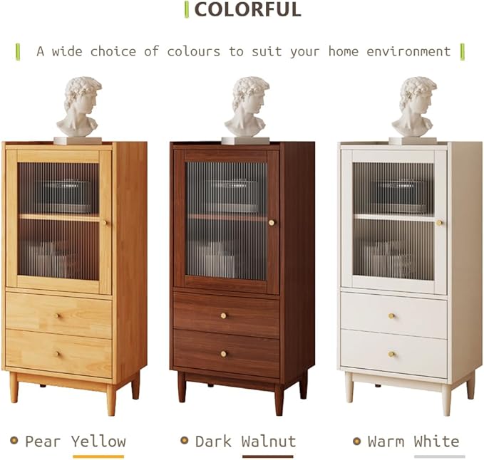 Wooden Glass Door Bookcase - 2-Tier Cube Bookshelf Storage Cabinet with Double Drawer and Adjustable Shelf, Solid Wood Legs Cupboard in Pear Yellow - LeafyLoom