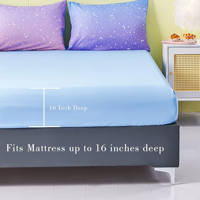 URBONUR Girls Comforter Set Full Size Gradient Purple Orange Moon Star Print Bedding Comforter with Sheets Set 6 Pcs Bed in A Bag (Comforter, Flat Sheet, Fitted Sheet, Pillowcases and Cushion Cover) - LeafyLoom
