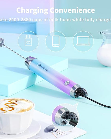 Maestri House Rechargeable Milk Frother with Stand, Handheld Electric Foam Maker Waterproof Detachable Stainless Steel Whisk Drink Mixer Foamer for Lattes, Cappuccino - LeafyLoom