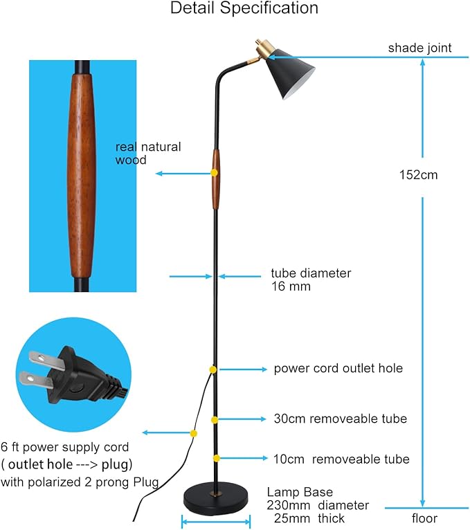 NIOSTA Height Adjustable Reading Floor Lamp,Industrial Modern Style,360 Degree Rotatable,Black & Brushed Copper Finsh, 3 Color Temperature (Black+Wood) - LeafyLoom