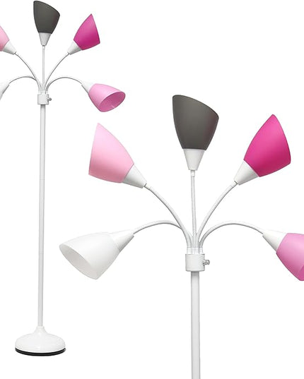 Simple Designs LF2006-WPG 67" Contemporary Multi Head Medusa 5 Light Adjustable Gooseneck White Floor Lamp with Pink, White, Gray Shades for Kids Bedroom Playroom Living Room Office, 30 x 10 x 67 - LeafyLoom