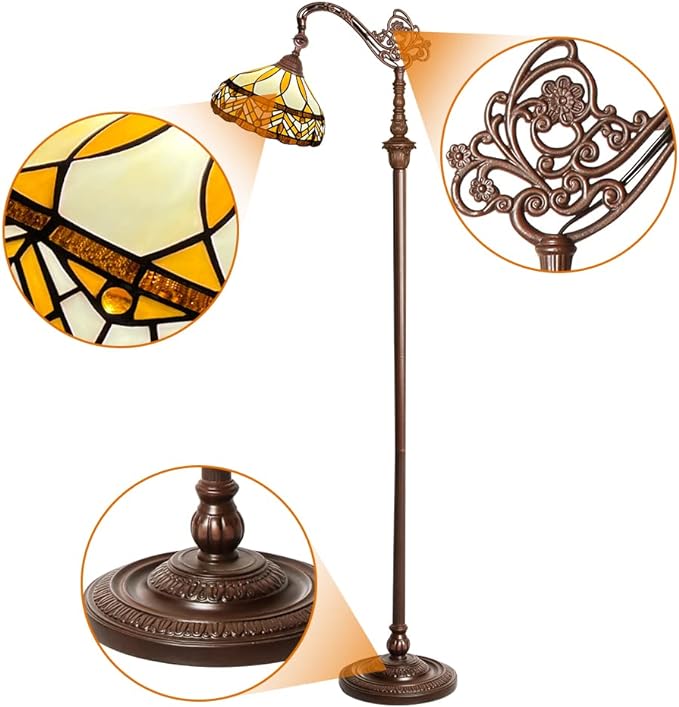 Capulina Tiffany Floor Lamp Antique Amber Melody Style Stained Glass Soft Light Arched Gooseneck Adjustable Angle Reading Floor Lamp for Living Room Bedroom Home Office - LeafyLoom