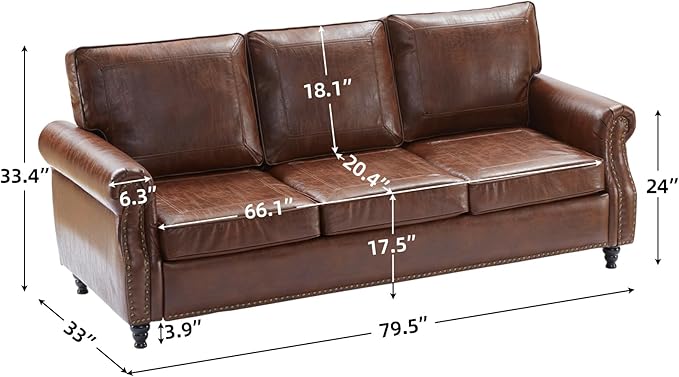 Dreamsir 79'' Traditional Faux Leather Sofa Couch with Nailhead Trim, Classic 3-Seater Sofa with Rolled Arms for Living Room, Bedroom, Apartment, Easy to Install (Retro Brown) - LeafyLoom