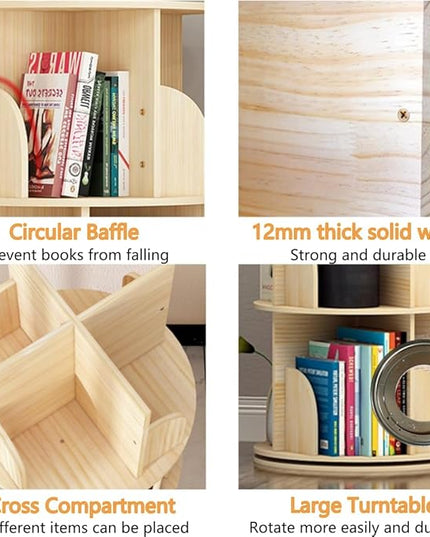 4 Tier Rotating Bookshelf, 360 Display Spinning Bookshelf, Rotating Bookcase for Kids&Adults, Wood Bookshelf for Bedroom, Living Room, Study Room - LeafyLoom