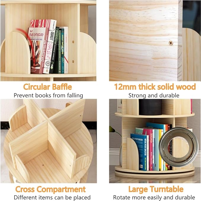 4 Tier Rotating Bookshelf, 360 Display Spinning Bookshelf, Rotating Bookcase for Kids&Adults, Revolving Bookcase, Rotating Bookshelf Tower - LeafyLoom