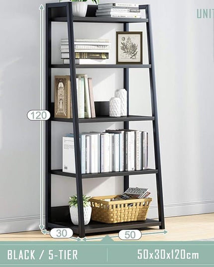 IOTXY 5 Tier Open Bookshelf - Steel and Wood Display Stand, 50CM Width Floor-Standing Bookcase, Black - LeafyLoom
