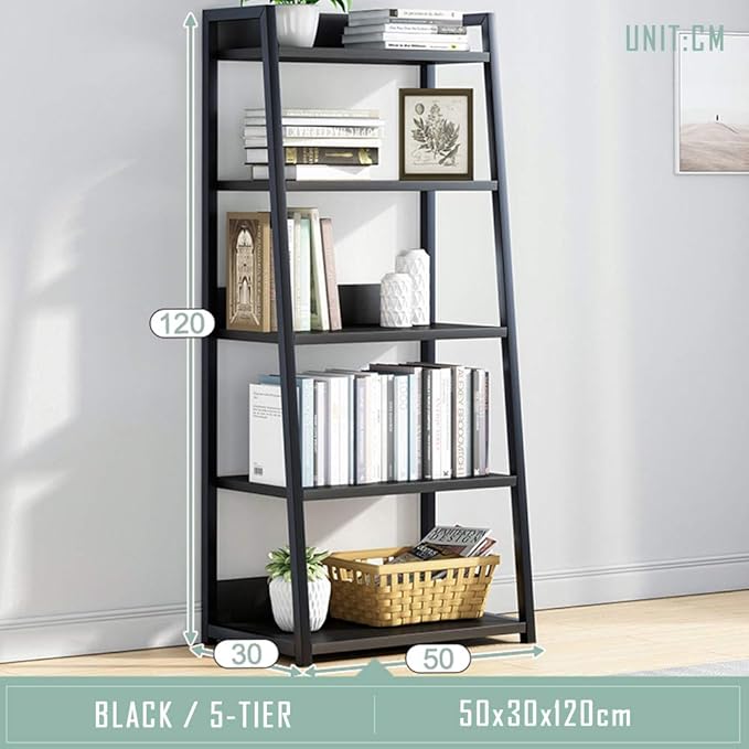 IOTXY 5 Tier Open Bookshelf - Steel and Wood Display Stand, 50CM Width Floor-Standing Bookcase, Black - LeafyLoom