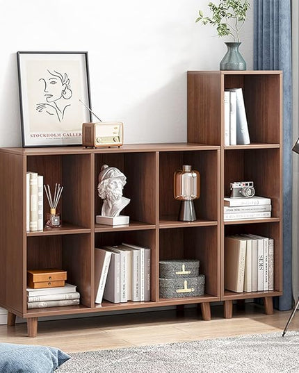 IOTXY Freestanding Open Cubes Bookcase - 2-Tier Floor Standing Wooden Storage Display Cabinet Organizer with Legs for Home Office, 4-Cubes Open Shelf Low Short Bookshelf, Walnut - LeafyLoom
