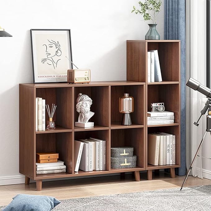 IOTXY Freestanding Open Cubes Bookcase - 2-Tier Floor Standing Wooden Storage Display Cabinet Organizer with Legs for Home Office, 6-Cubes Open Shelf Low Short Bookshelf, Walnut - LeafyLoom