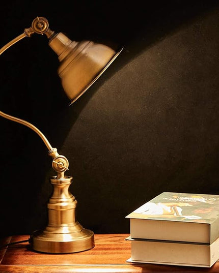 Brass Desk Lamp, Adjustable Table Lamp, Vintage Task Lamp with Rotary Shade Adjustable Height, Rechargeable Lamps for CoffeeTable Restaurant Bedroom Dinner Lighting - LeafyLoom