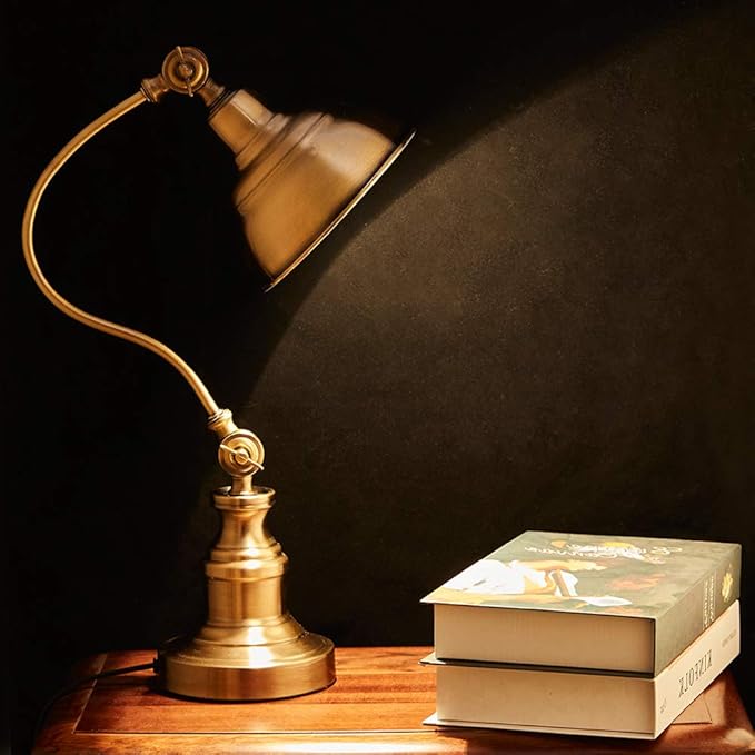 Brass Desk Lamp, Adjustable Table Lamp, Vintage Task Lamp with Rotary Shade Adjustable Height, Rechargeable Lamps for CoffeeTable Restaurant Bedroom Dinner Lighting - LeafyLoom