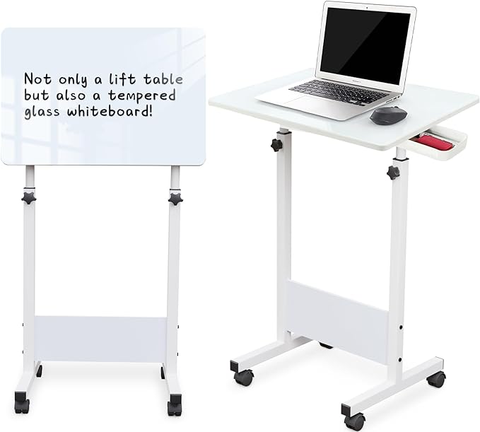 Adjustable Height Standing Desk, Writable Tempered Glass Desktop with Eraser, 360° Flip, Wheels – Ideal for Small Spaces and Home Offices, 24 in, White(Adjustable Height: 32-47 in) - LeafyLoom