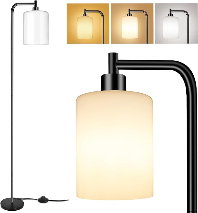 QiMH Floor Lamps for Living Room, Modern LED Standing Reading Light for Bedroom with Glass Shade, Tall Industrial 3 Colors Dimmable Pole Lamp with Foot Control for Home Office Corner Decor (Black) - LeafyLoom
