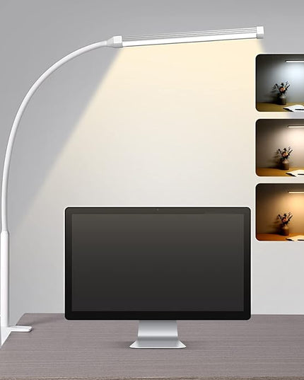 LED Desk lamp with Clamp, Eye-caring Clip on Lights for Home Office, 3 Modes 10 Brightness, Long Flexible Gooseneck,Metal, Swing Arm Architect Task Table Lamps with USB Adapter, White - LeafyLoom