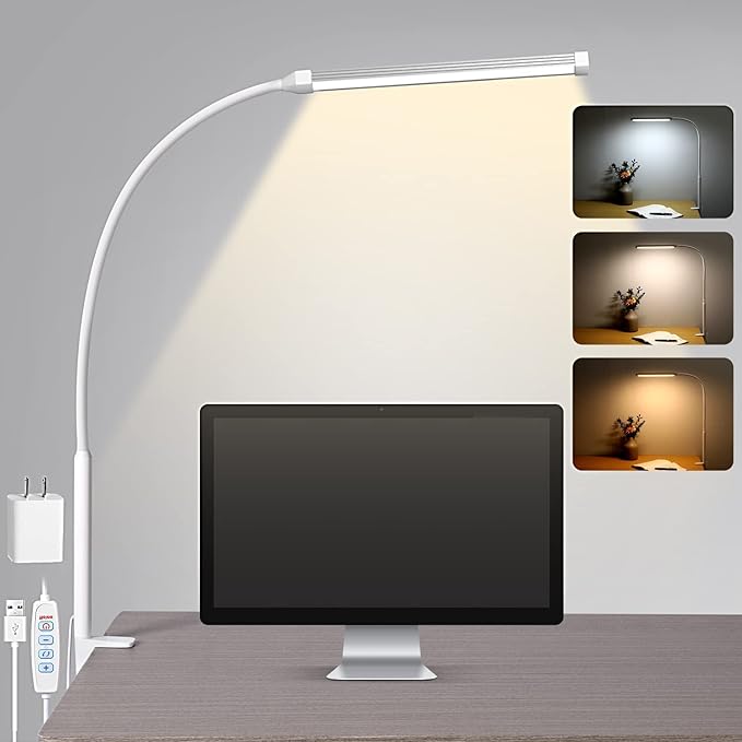 LED Desk lamp with Clamp, Eye-caring Clip on Lights for Home Office, 3 Modes 10 Brightness, Long Flexible Gooseneck,Metal, Swing Arm Architect Task Table Lamps with USB Adapter, White - LeafyLoom