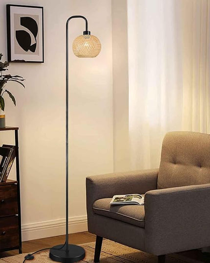 Boho Floor Lamp for Living Room, Industrial Standing Lamp with Handmade Rattan Natural Bamboo Lantern Mini Shade, Tall Pole Light with E26 Socket for Bedroom, Farmhouse,Black(NO Bulb) - LeafyLoom